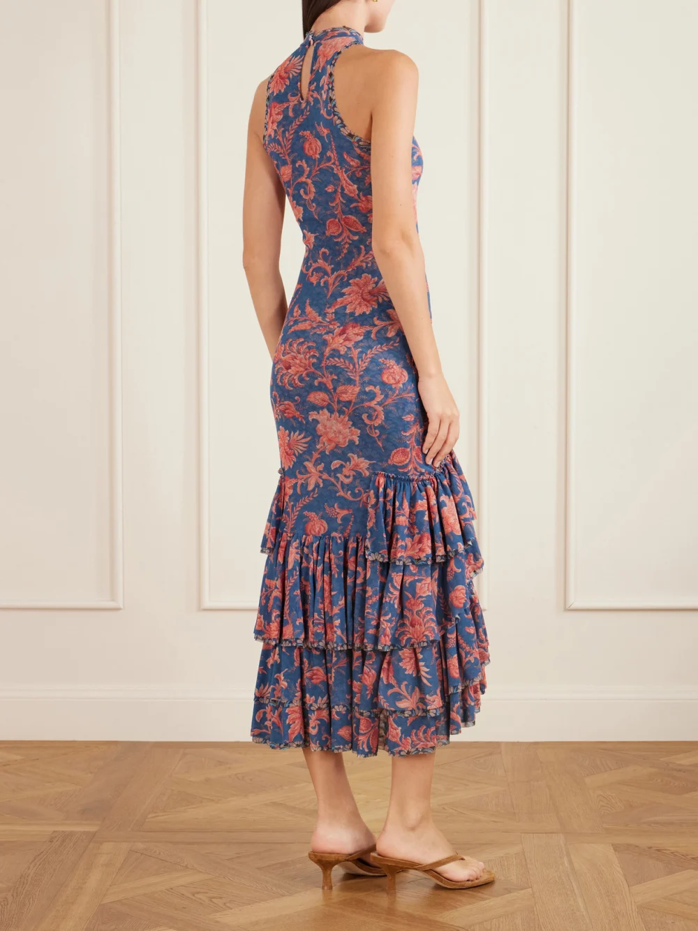 Back view of the Etro Ruffled Paisley-print Tulle Midi Dress
