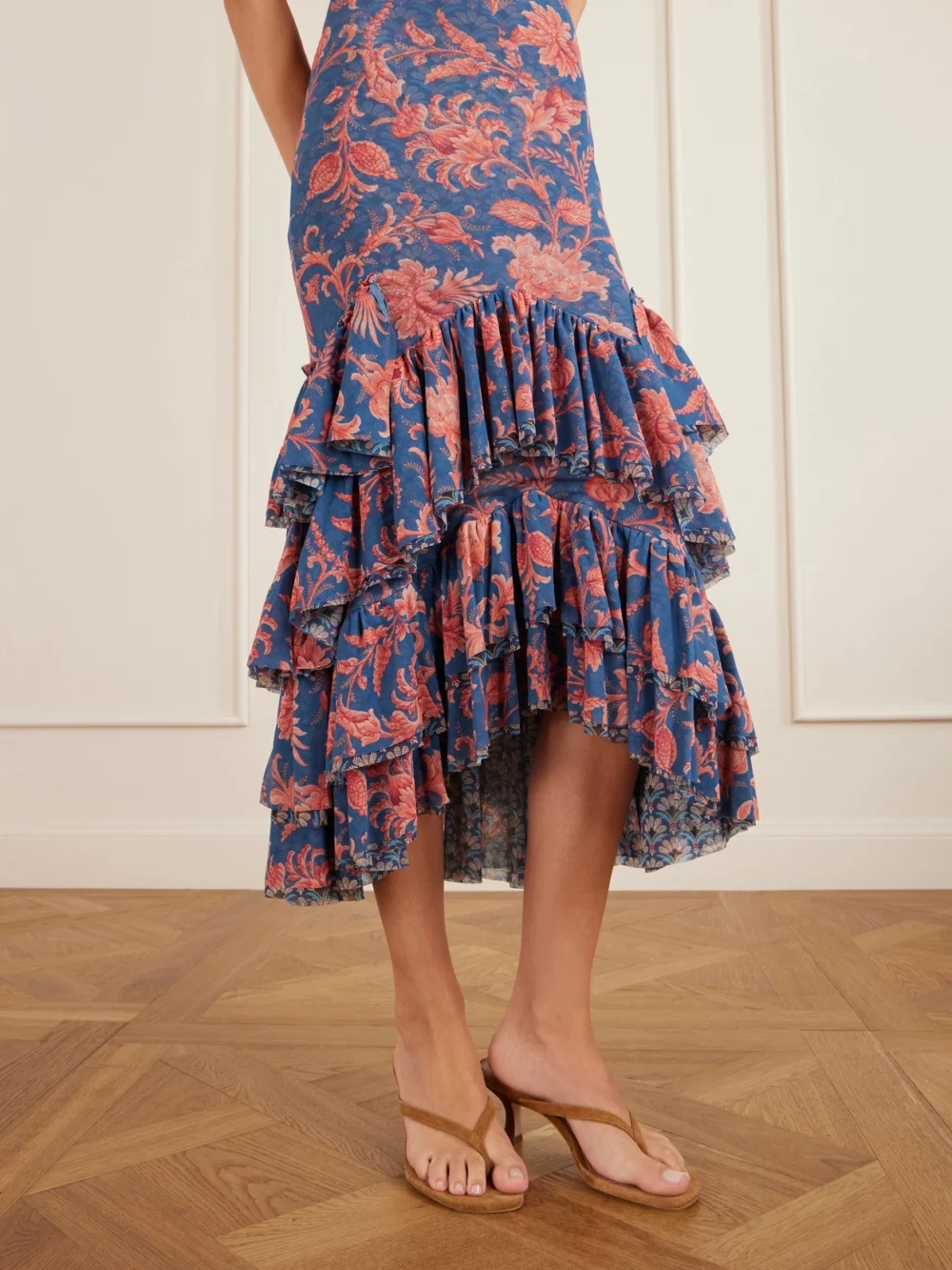 Close-up detail of the Etro Ruffled Paisley-print Tulle Midi Dress