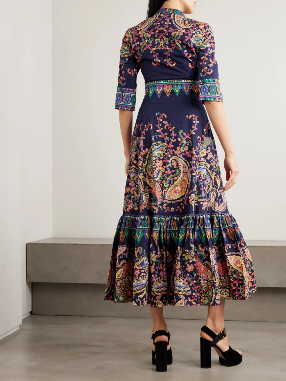 Back view of the Etro Ruffled Tiered Paisley-print Cotton Maxi Dress