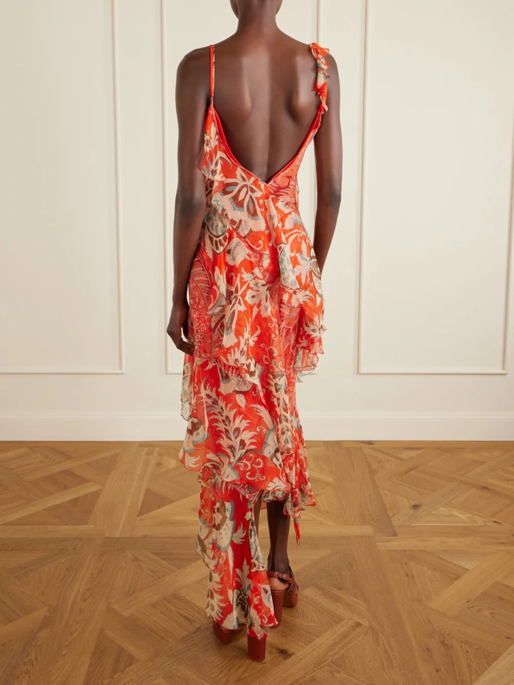 Back view of the Etro Ruffles Floral-print Silk-chiffon Midi Dress