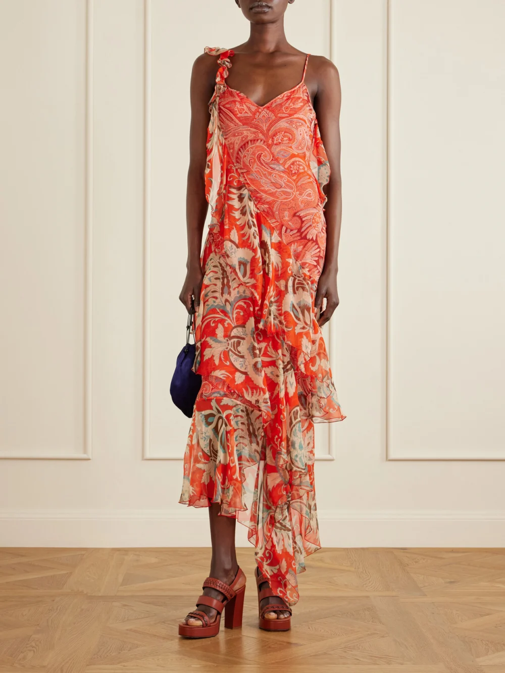 Etro Ruffles Floral-print Silk-chiffon Midi Dress, worn by a model