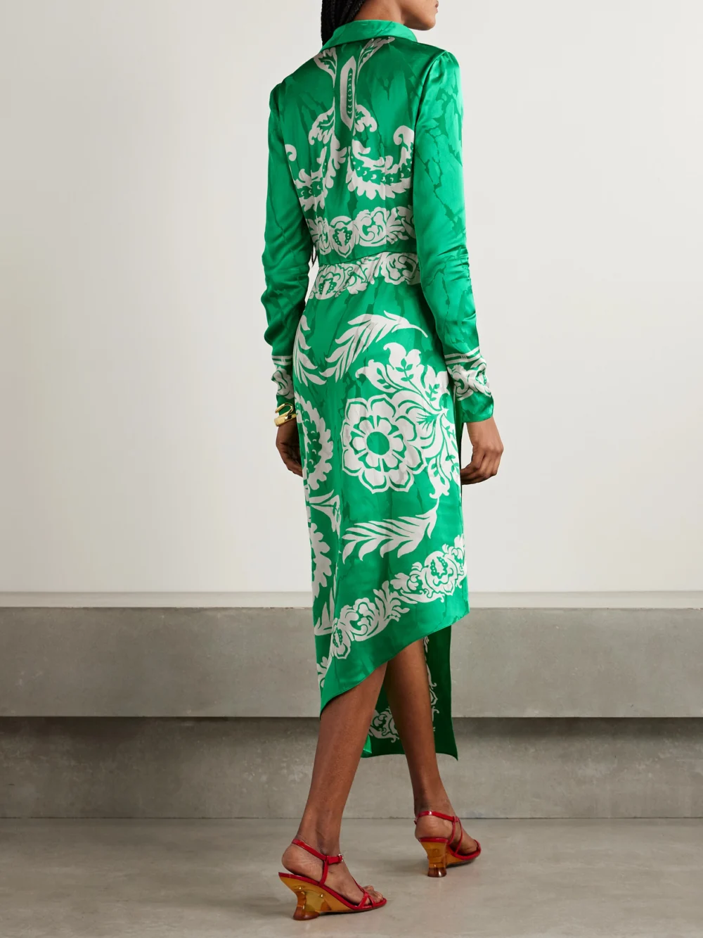 Back view of the Etro Wrap-effect Draped Printed Satin-jacquard Midi Dress