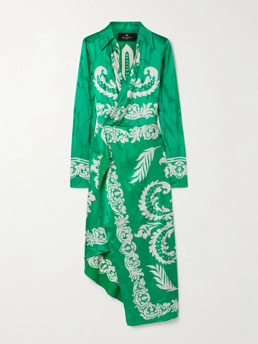 Etro Wrap-effect Draped Printed Satin-jacquard Midi Dress in green