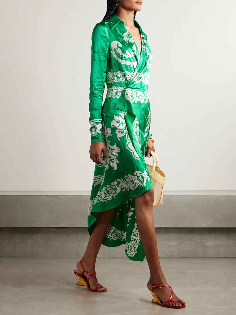 Etro Wrap-effect Draped Printed Satin-jacquard Midi Dress, worn by a model