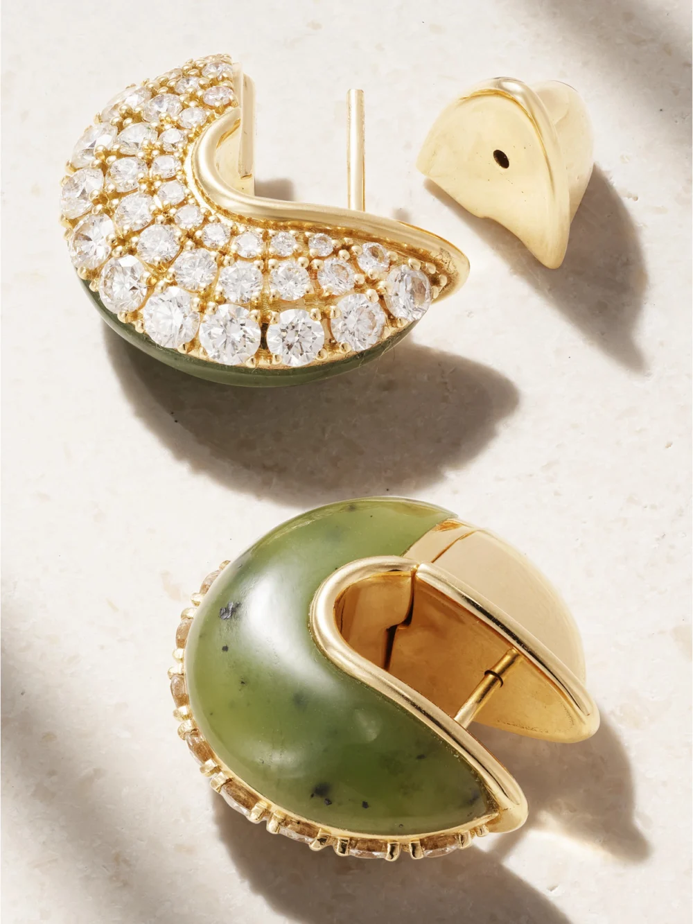 Back view of the Fernando Jorge Fluid 18-karat Gold, Diamond and Jade Hoop Earrings