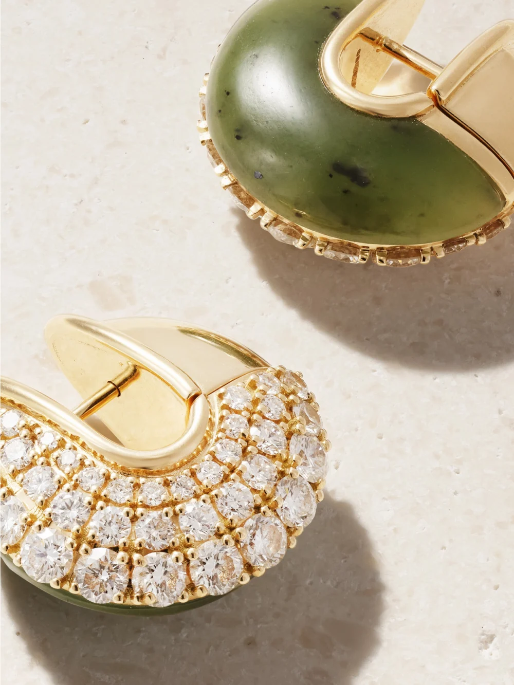 Close-up detail of the Fernando Jorge Fluid 18-karat Gold, Diamond and Jade Hoop Earrings