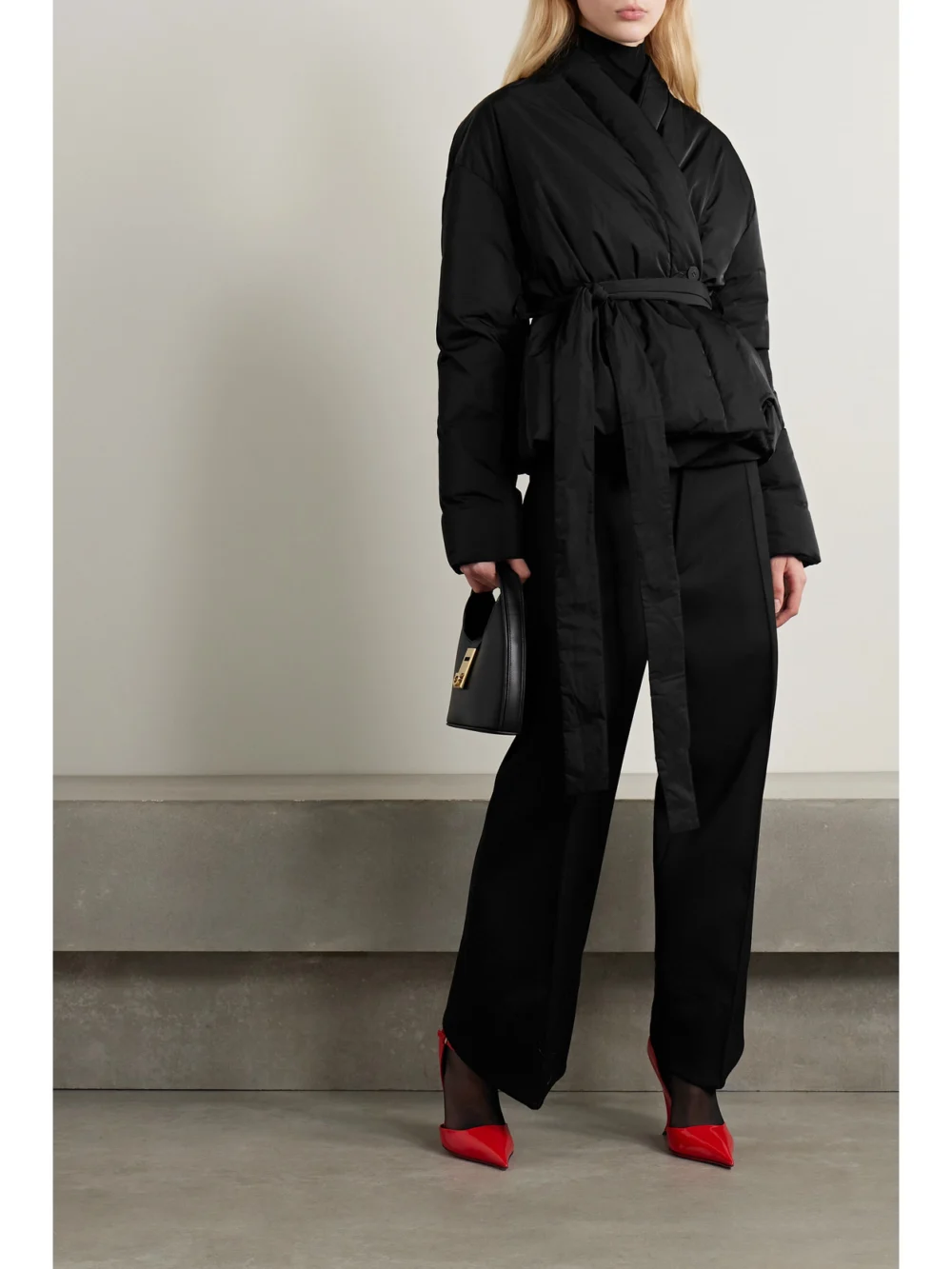 Ferragamo Belted Twill Down Wrap Jacket, worn by a model