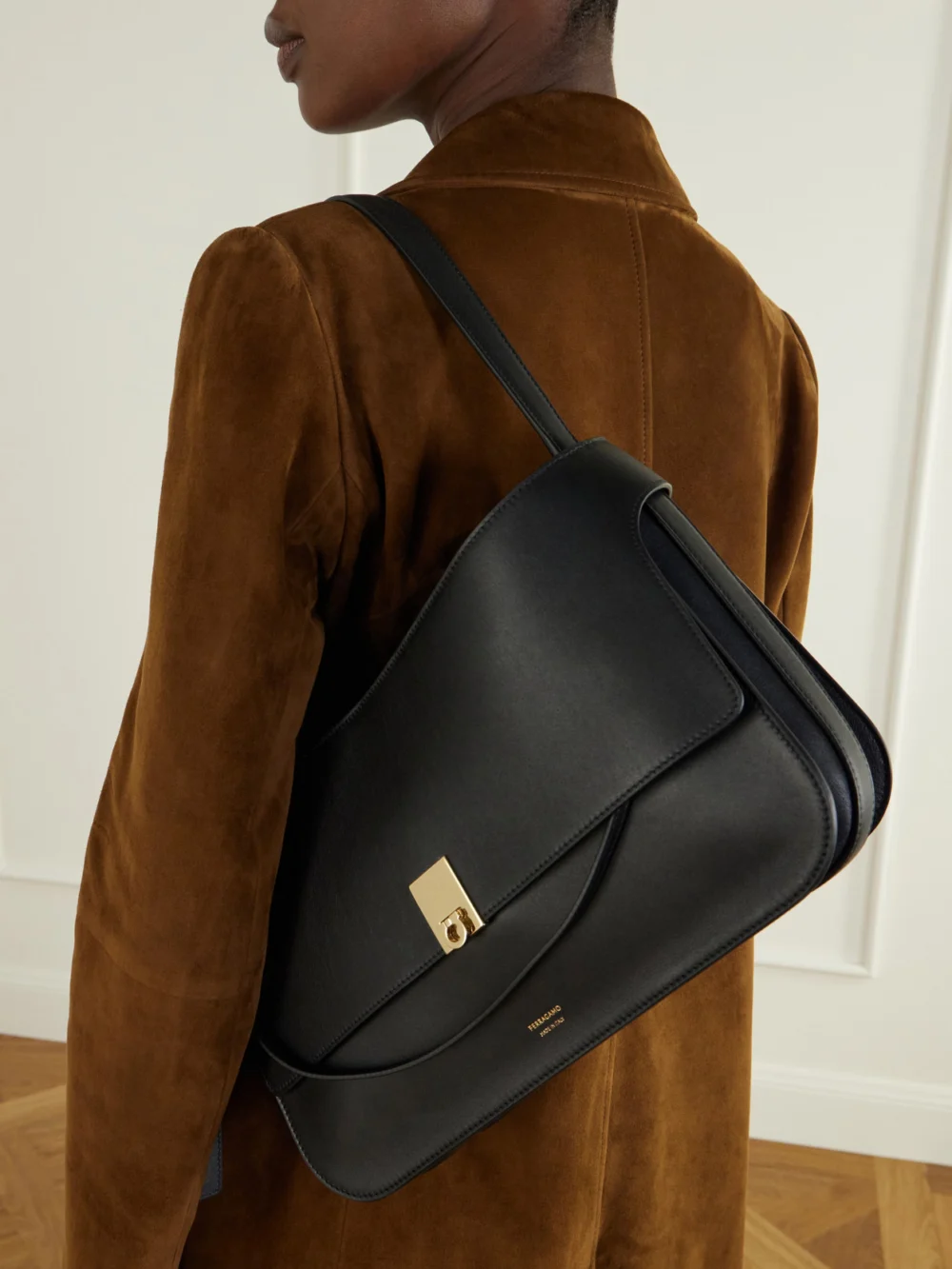 Ferragamo Cara Leather Shoulder Bag, styled view