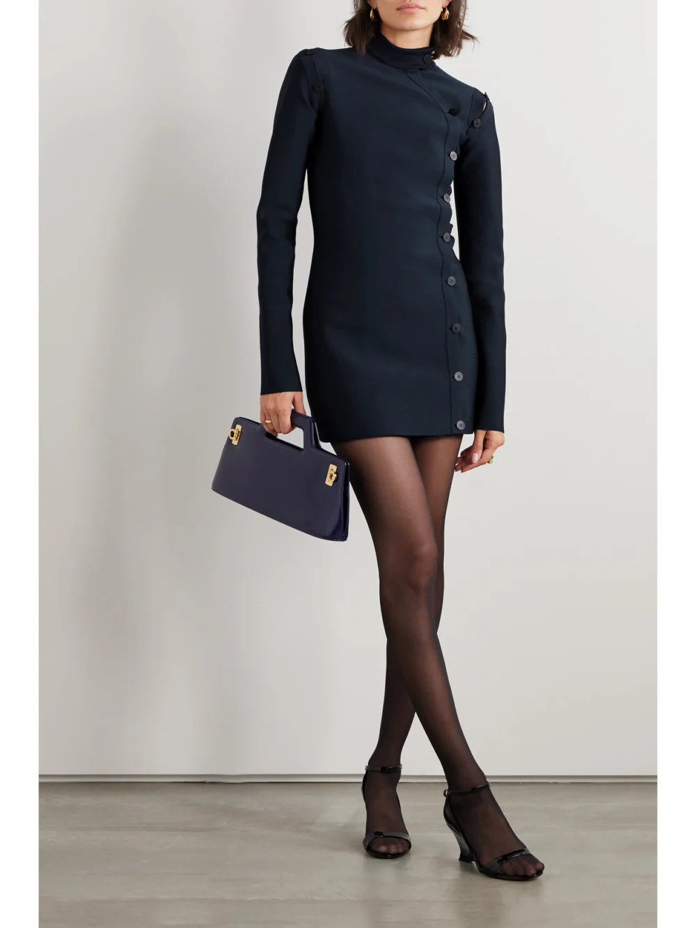 Ferragamo Convertible Ponte Mini Dress, worn by a model