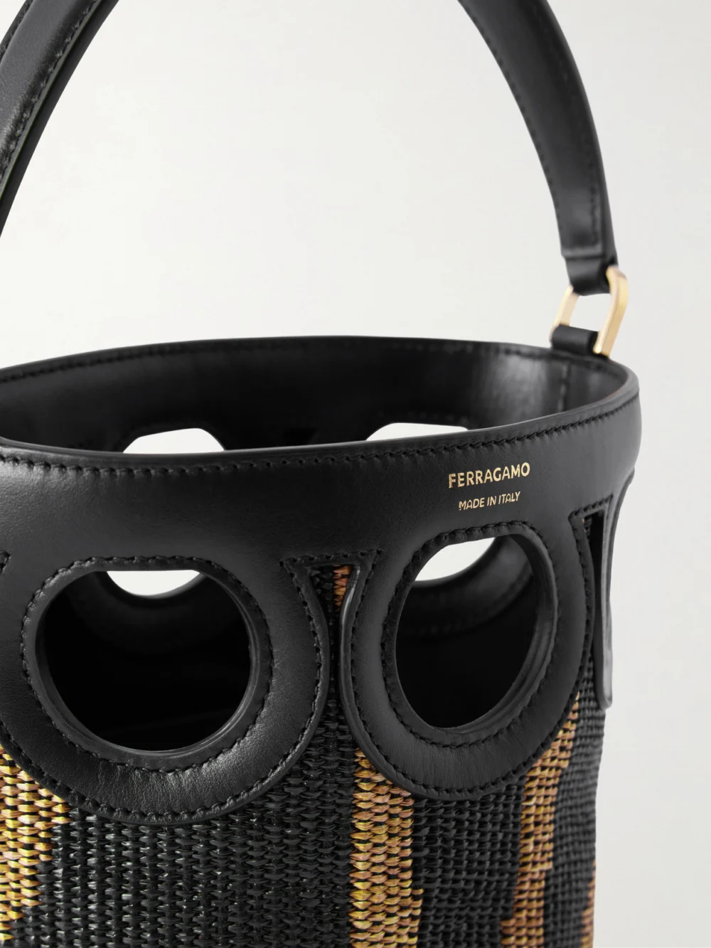 Close-up detail of the Ferragamo Cutout Leather-paneled Raffia Tote
