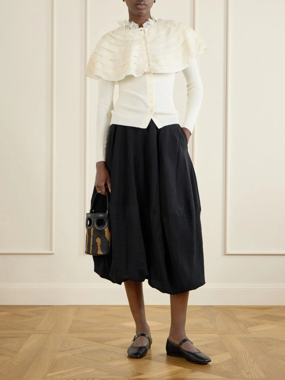 Ferragamo Cutout Leather-paneled Raffia Tote, styled view