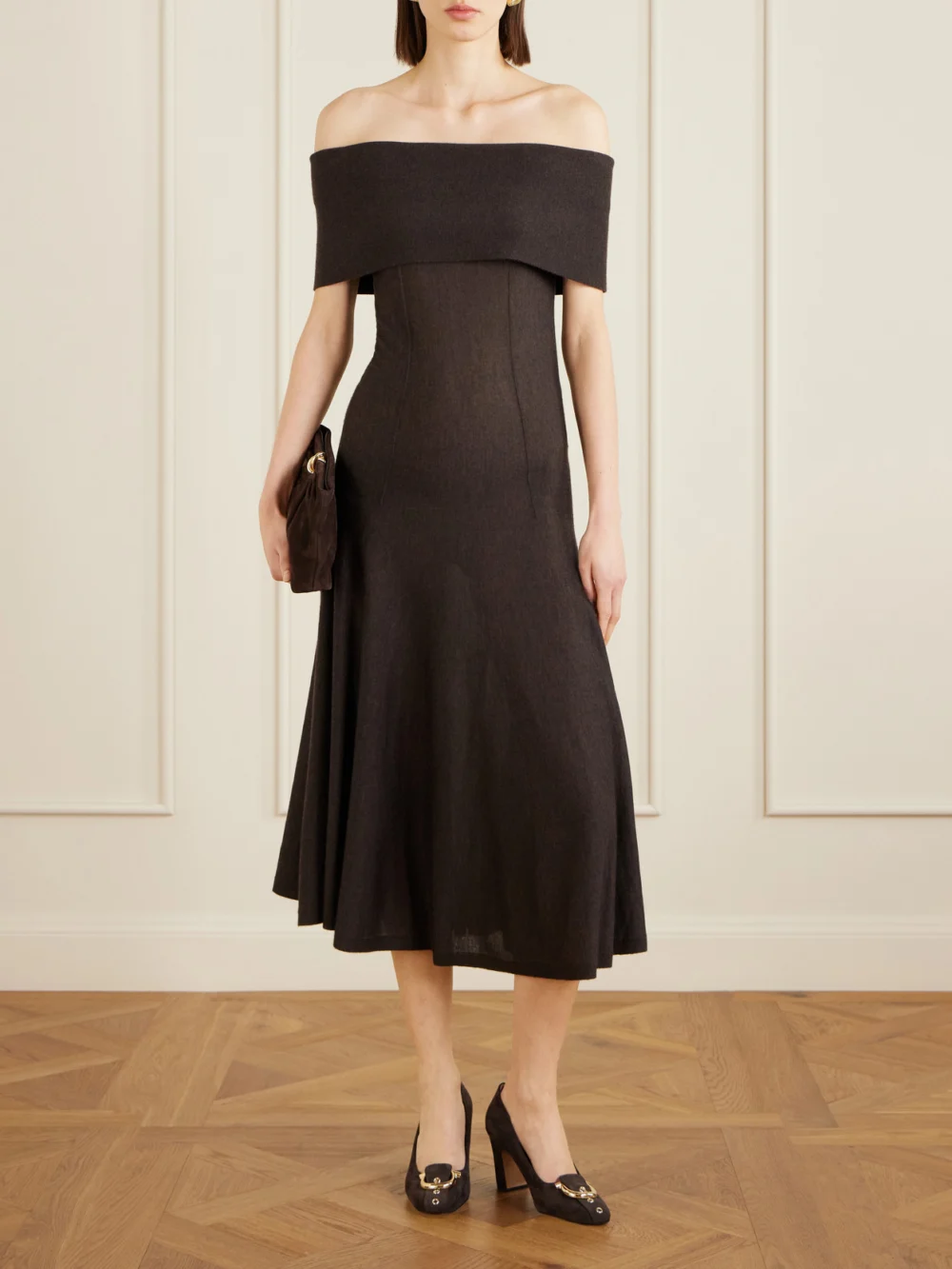 Ferragamo Gancini Buckled Suede Pumps, styled view