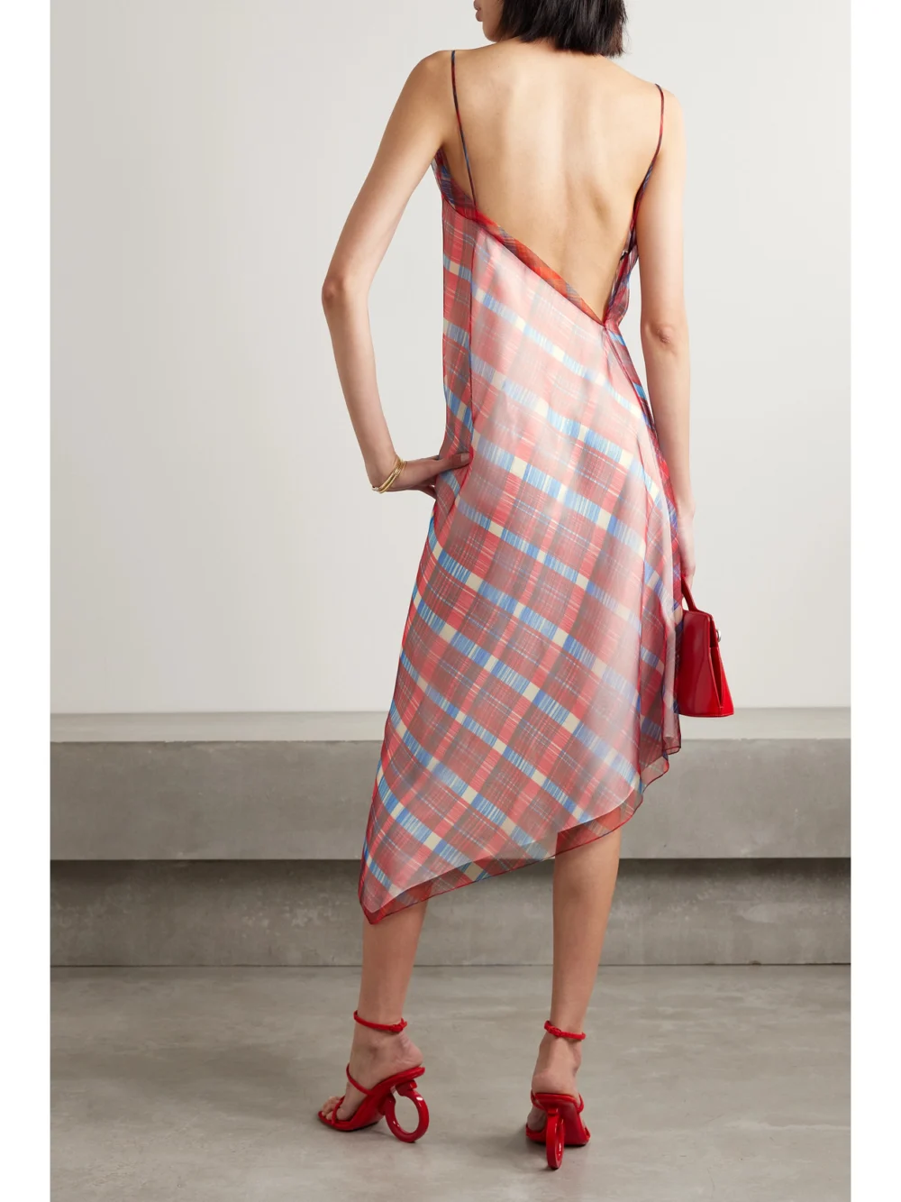 Back view of the Ferragamo Gathered Checked Organza Midi Dress