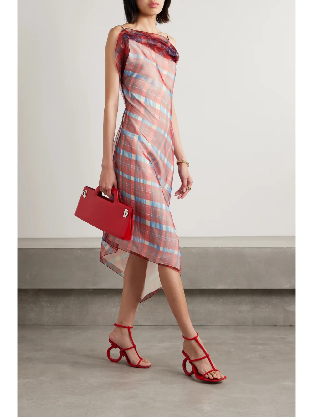 Ferragamo Gathered Checked Organza Midi Dress, worn by a model