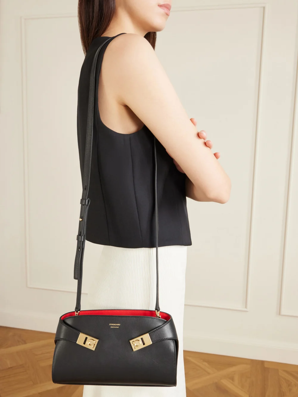 Ferragamo Hug Embellished Textured-leather Shoulder Bag, styled view