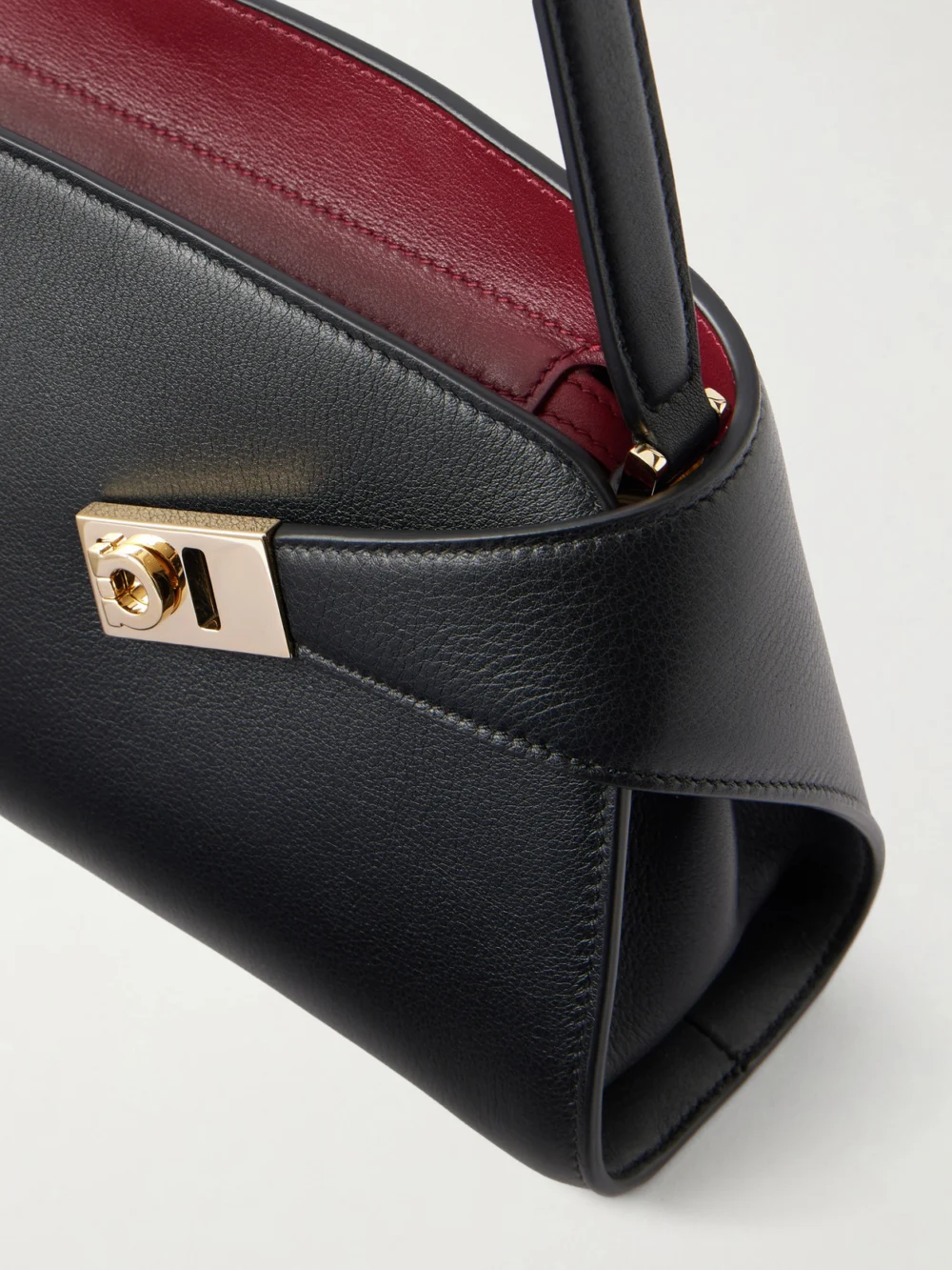 Close-up detail of the Ferragamo Hug Leather Shoulder Bag
