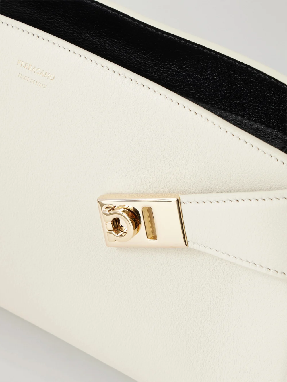 Close-up detail of the Ferragamo Hug Leather Shoulder Bag