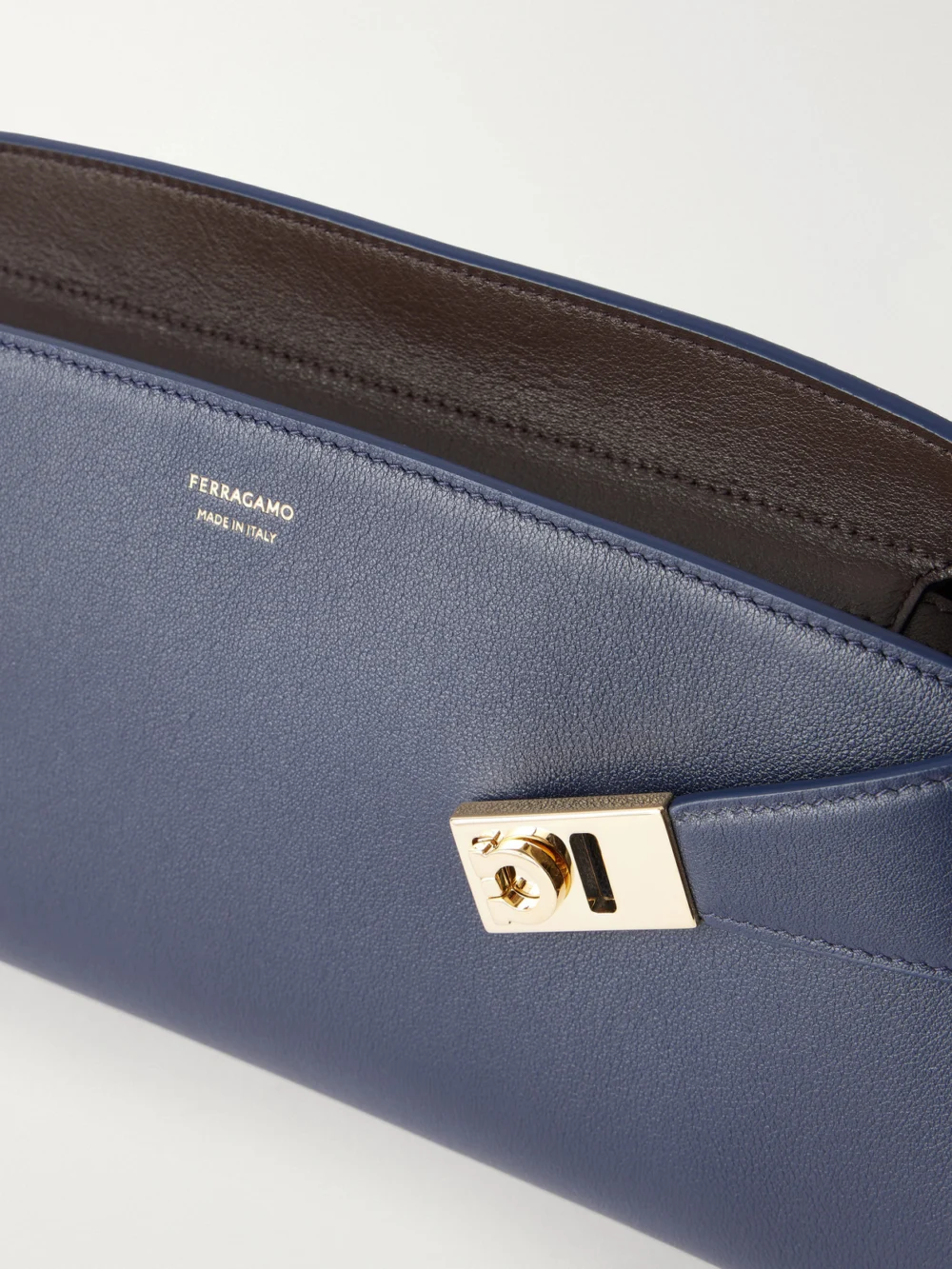 Close-up detail of the Ferragamo Hug Leather Shoulder Bag