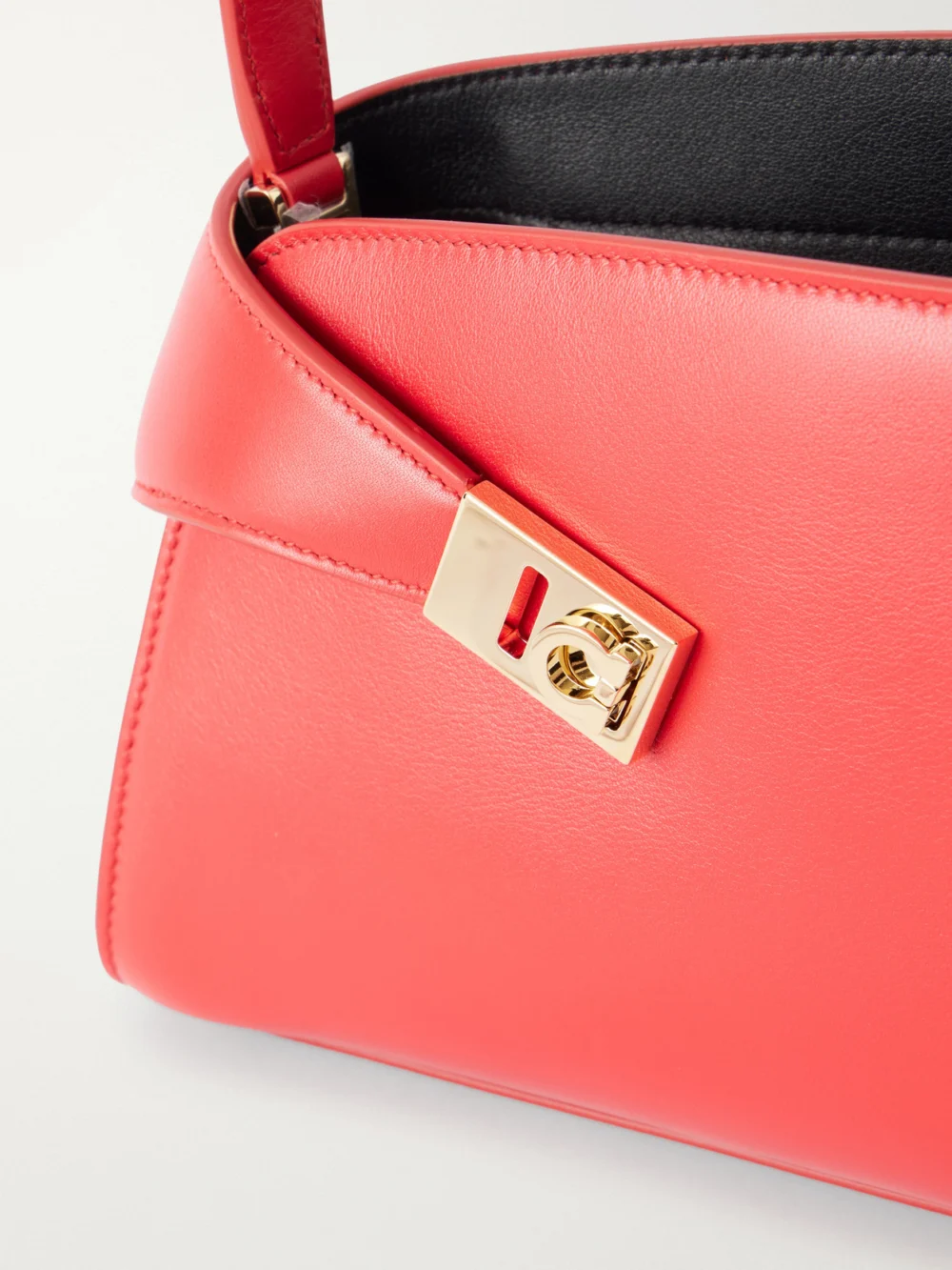 Close-up detail of the Ferragamo Hug Leather Shoulder Bag