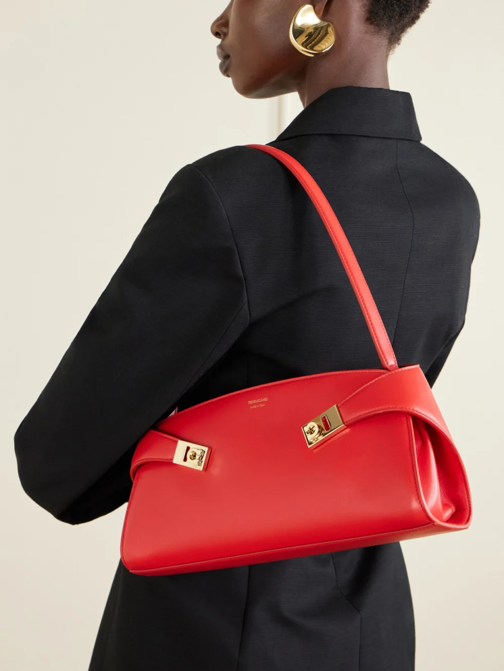 Ferragamo Hug Leather Shoulder Bag, styled view