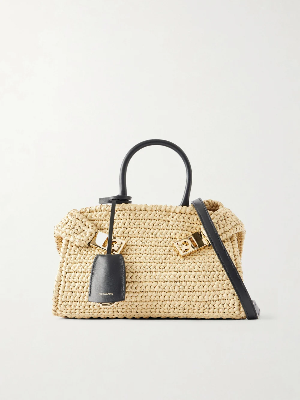 Ferragamo Hug Leather-trimmed Raffia Mini Shoulder Bag in neutral