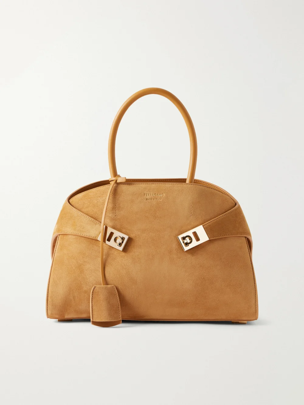 Ferragamo Hug Small Embellished Leather-trimmed Suede Tote in tan