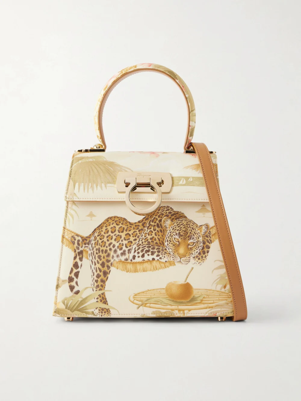 Ferragamo Leather-trimmed Printed Canvas Shoulder Bag in leopard print
