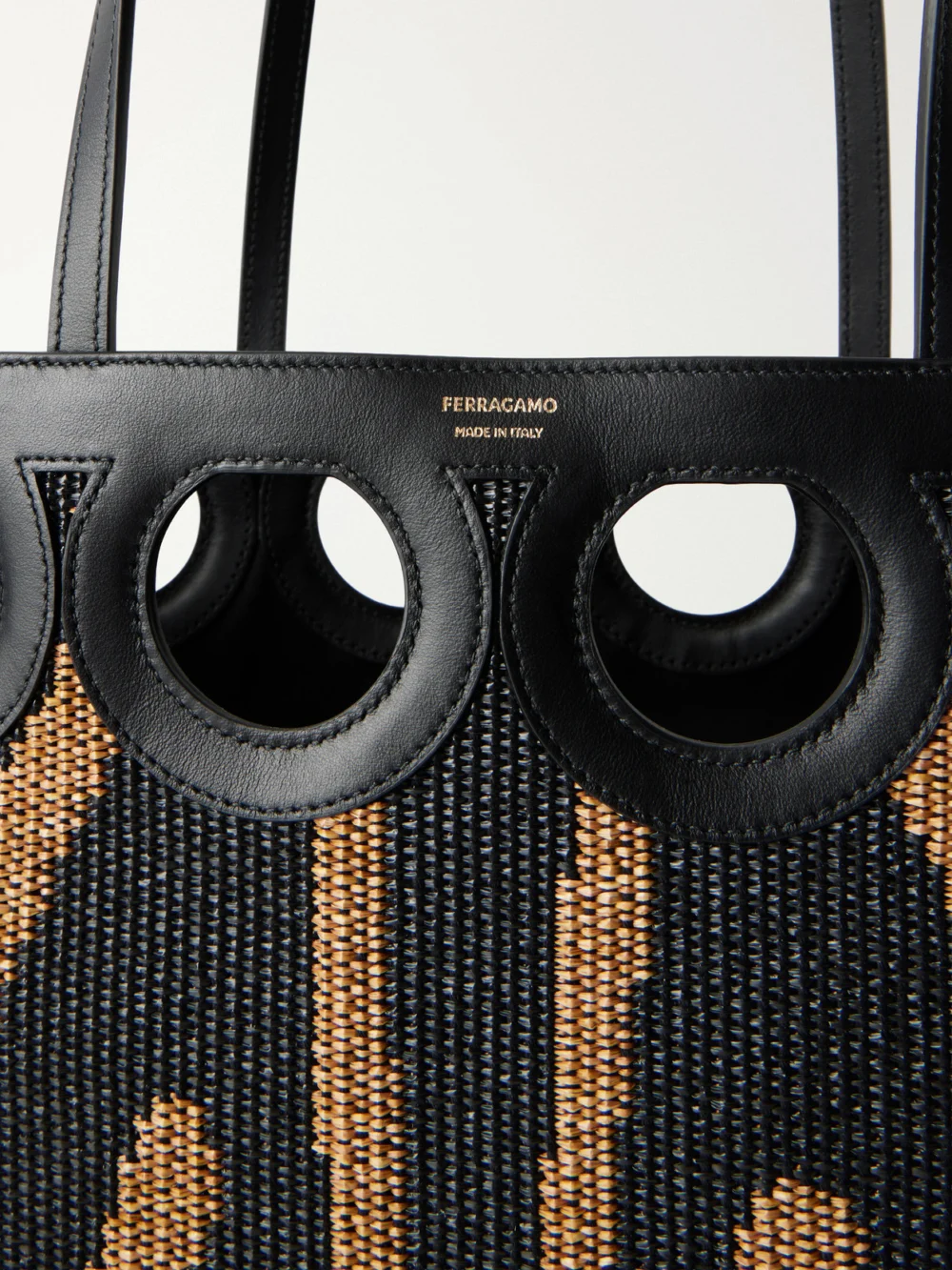 Close-up detail of the Ferragamo Leather-trimmed Raffia Tote