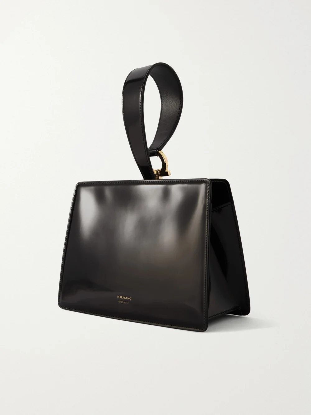 Back view of the Ferragamo Mini Embellished Glossed-leather Clutch