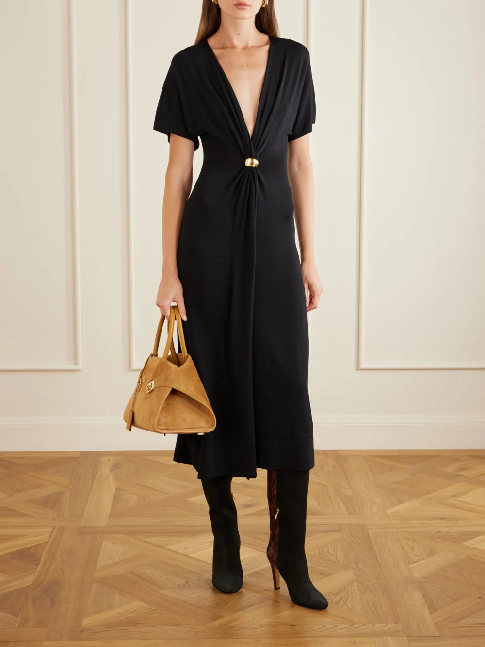 Ferragamo Nylu 95 Snake-effect Leather and Suede Boots, styled view