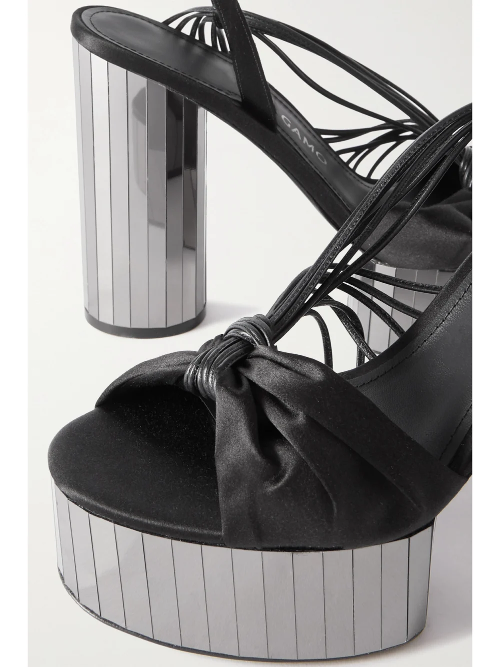 Close-up detail of the Ferragamo Sabina Leather-trimmed Satin Platform Sandals