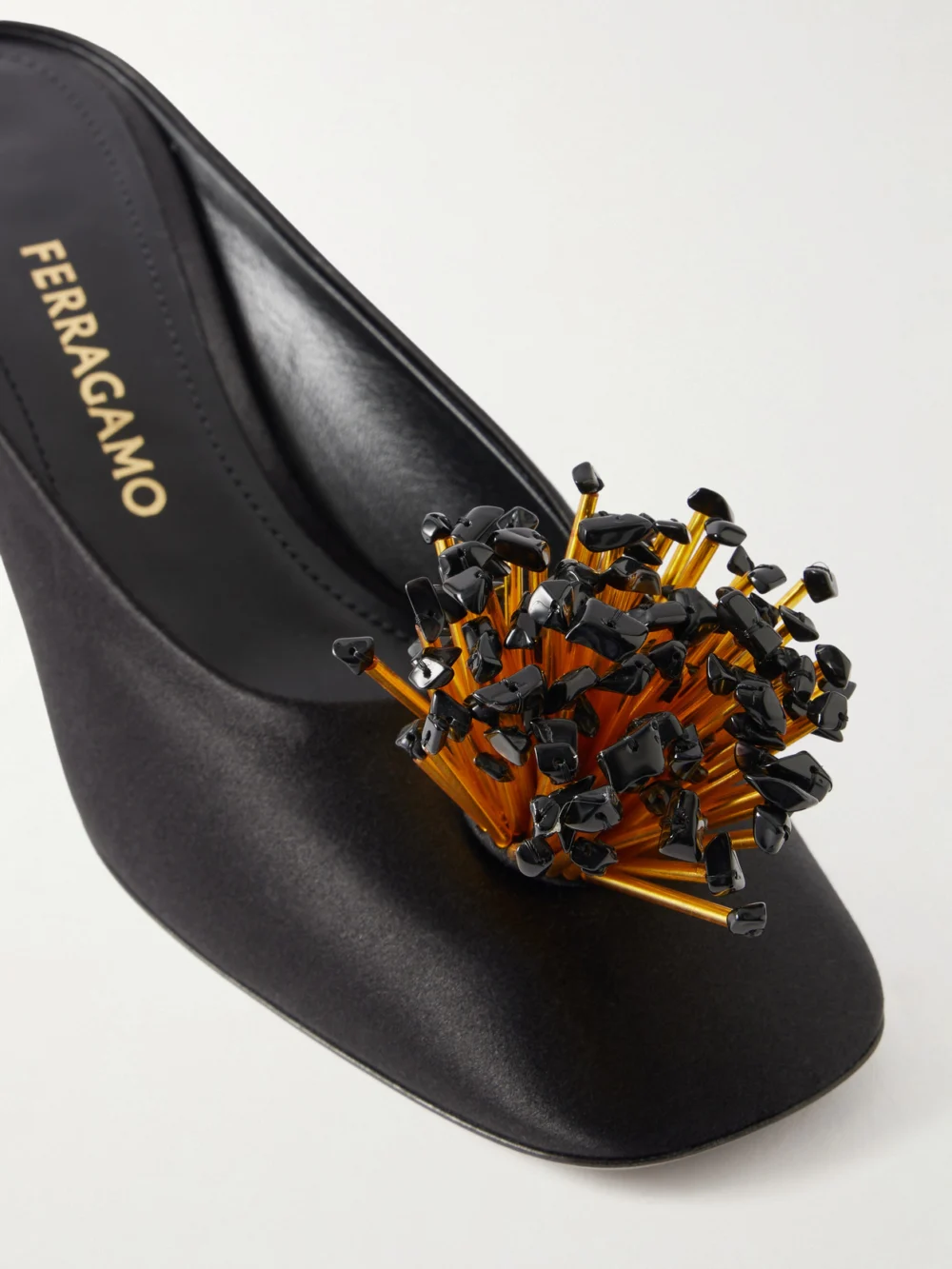 Close-up detail of the Ferragamo Safi Crystal-embellished Satin Mules