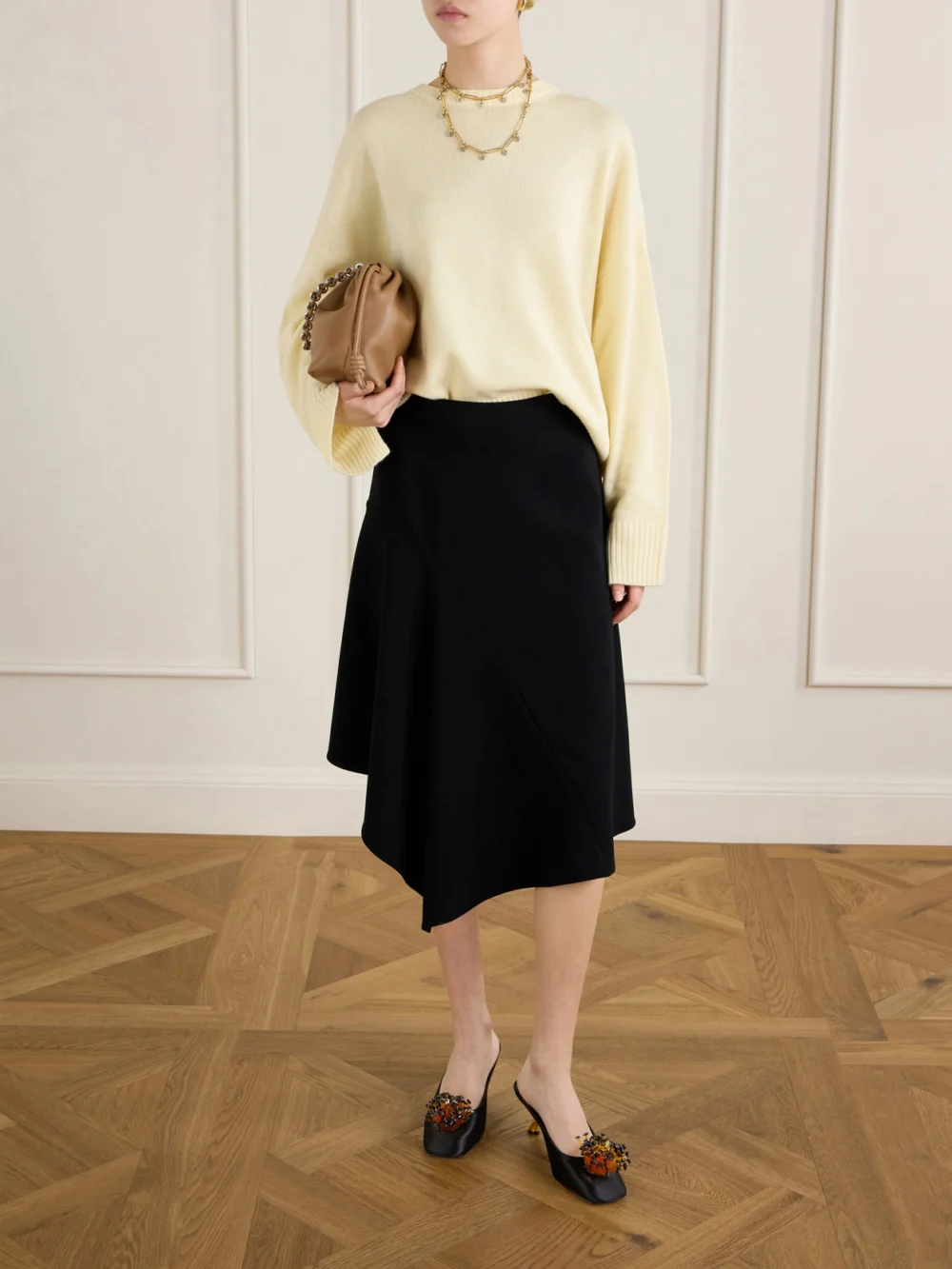 Ferragamo Safi Crystal-embellished Satin Mules, styled view
