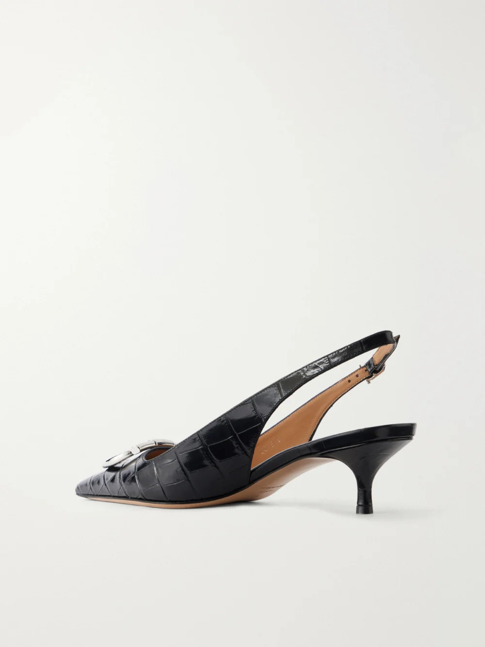 Back view of the Ferragamo Sara 40 Embellished Croc-effect Leather Slingback Pumps