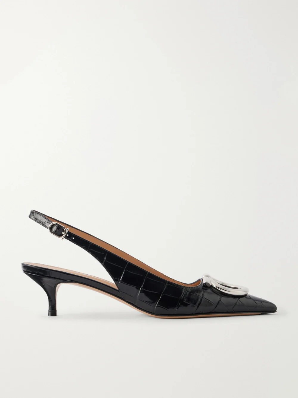 Ferragamo Sara 40 Embellished Croc-effect Leather Slingback Pumps in black