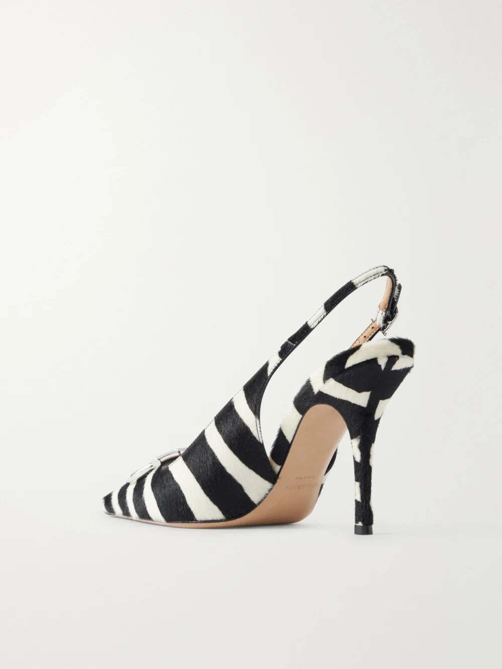 Back view of the Ferragamo Sara Embellished Zebra-print Calf Hair Slingback Pumps