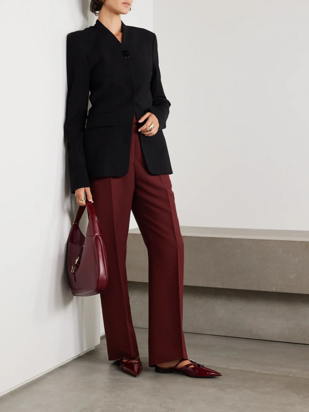 Ferragamo Straight-leg Faille Pants, worn by a model