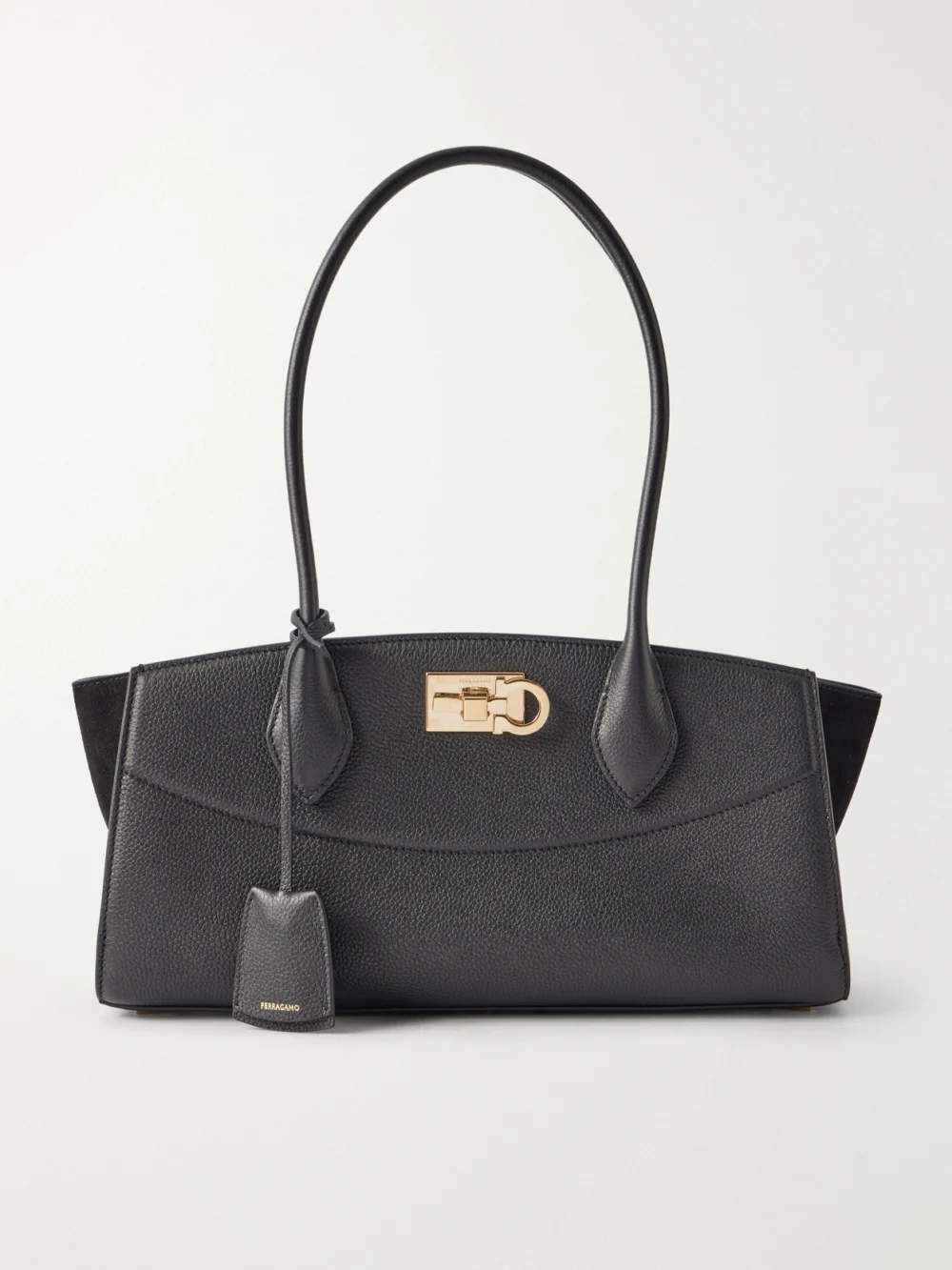 Ferragamo Studio East West Suede-trimmed Textured-leather Shoulder Bag in black