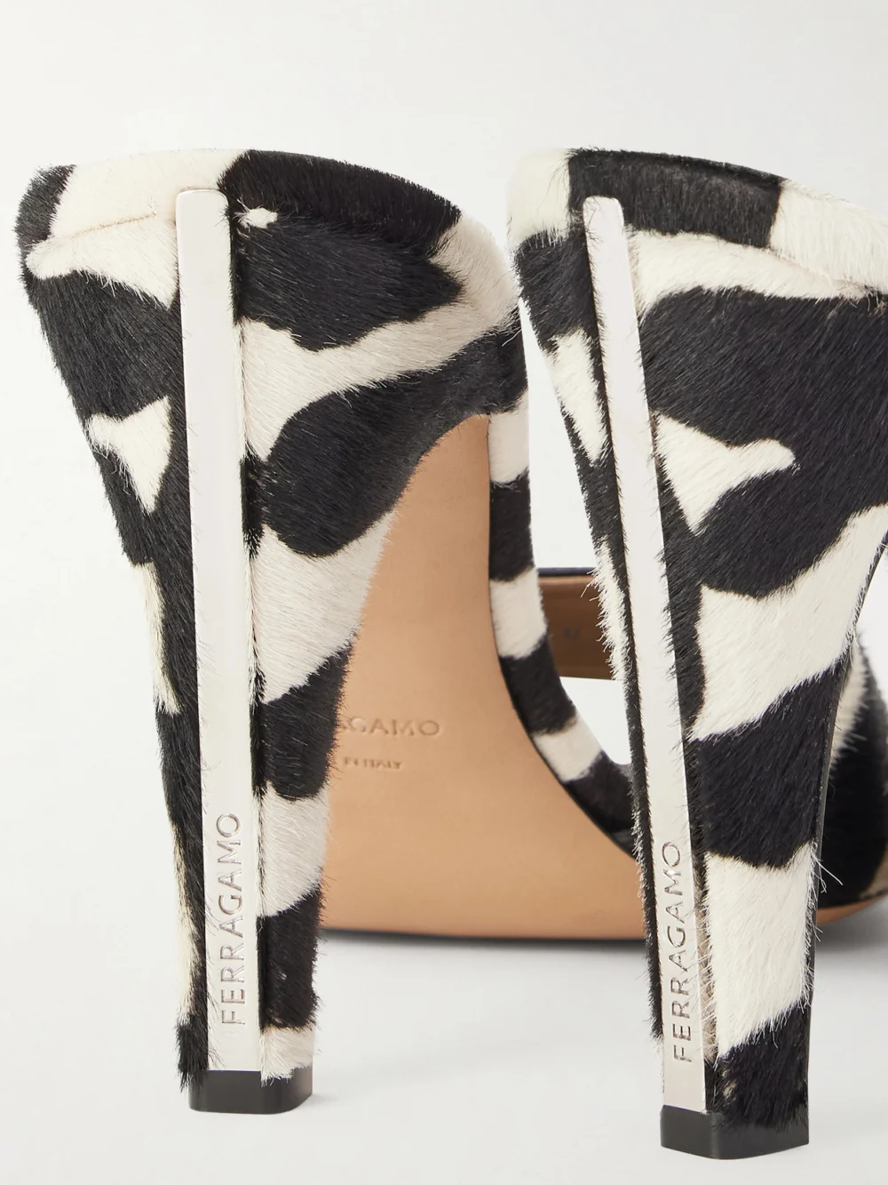 Close-up detail of the Ferragamo Tatiana Zebra-print Calf-hair Mules