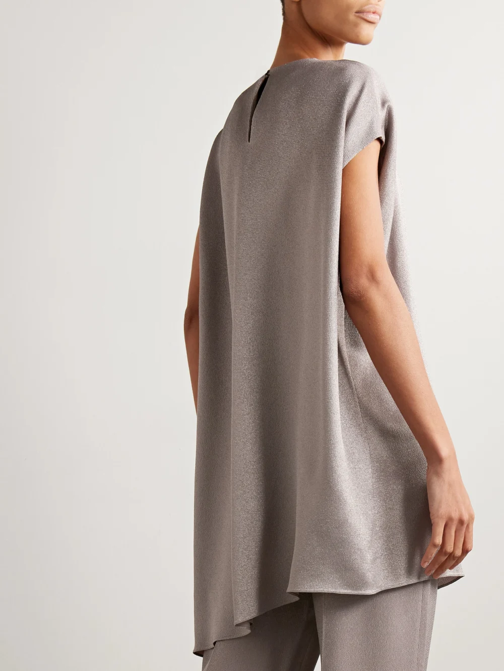 Back view of the Fforme Angee Asymmetric Metallic Cloqué Mimi Dress