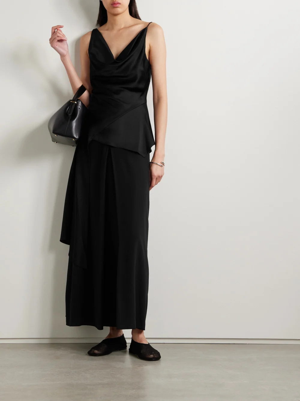 Fforme Lotta Pleated Silk Crepe De Chine Maxi Skirt, worn by a model