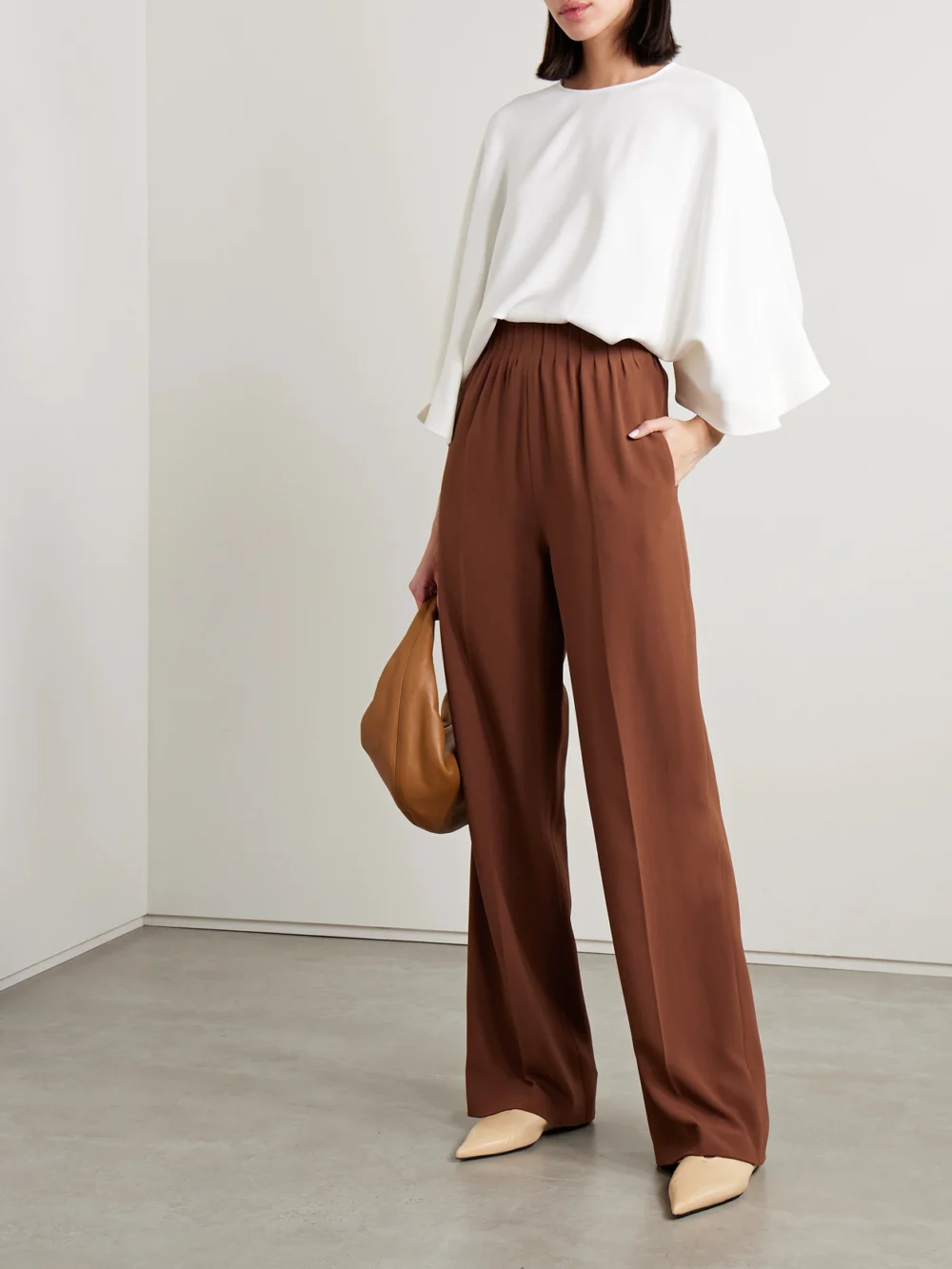 Fforme Maud Crepe Wide-leg Pants, worn by a model