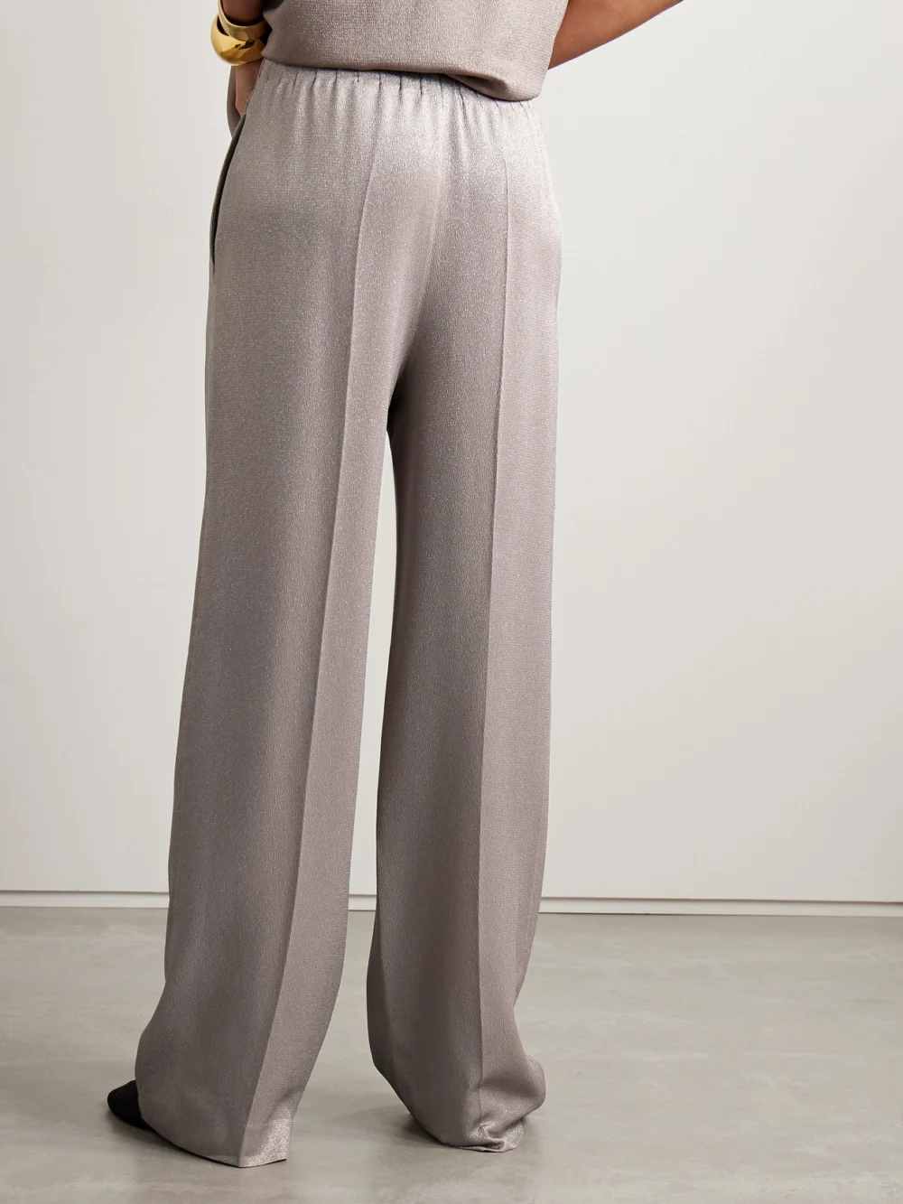 Back view of the Fforme Maud Metallic Cloqué Wide-leg Pants