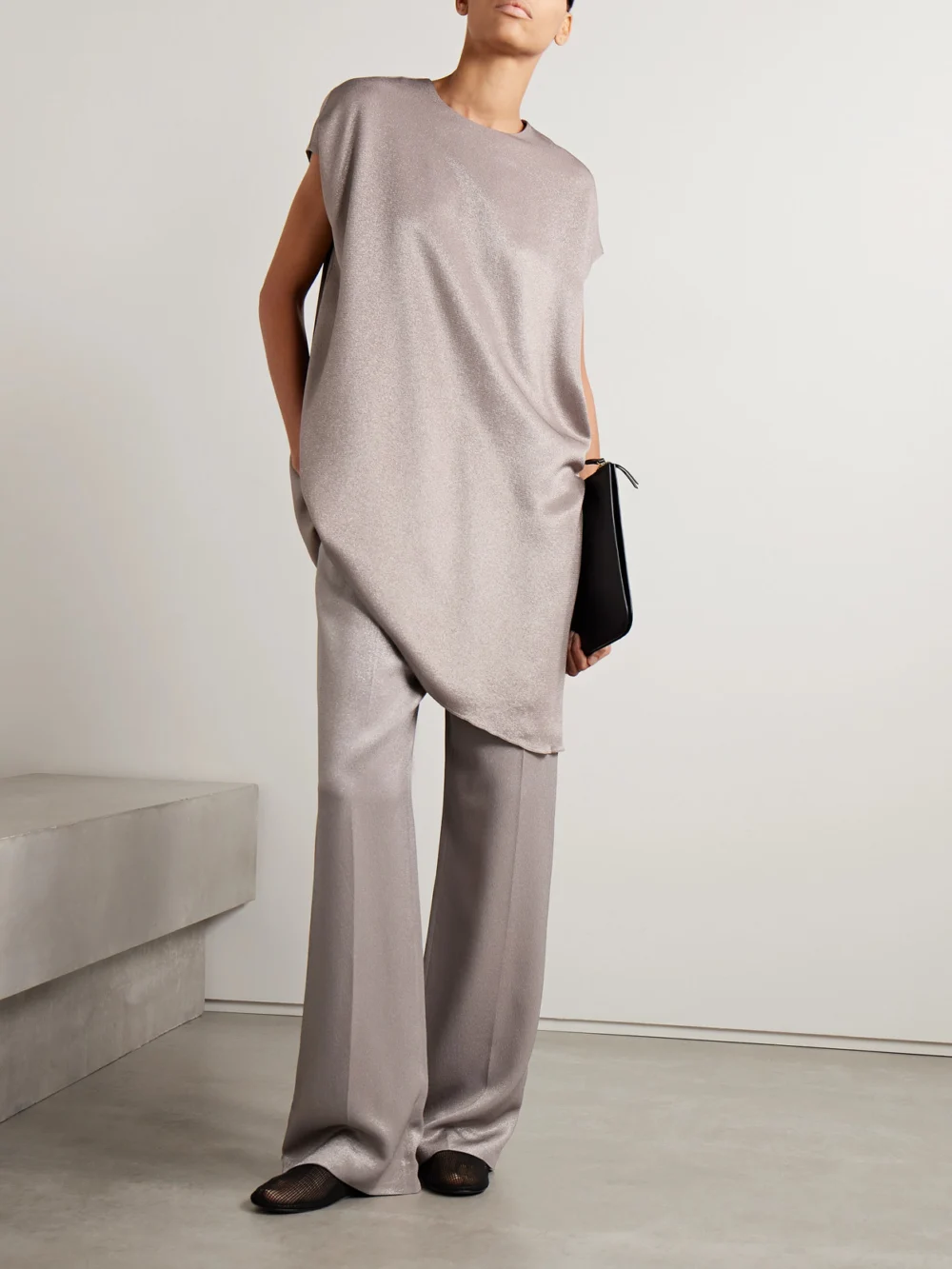 Fforme Maud Metallic Cloqué Wide-leg Pants, worn by a model
