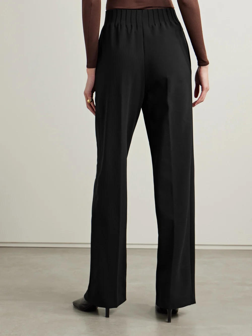 Back view of the Fforme Maud Wool-blend Crepe Wide-leg Pants