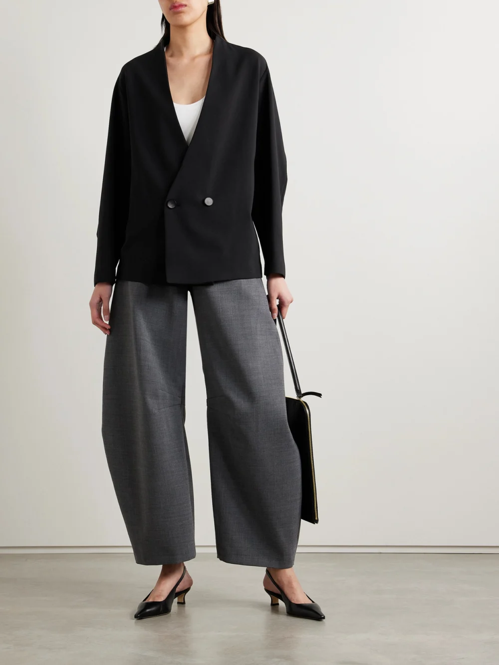 Fforme Velma Double-breasted Wool-blend Crepe Blazer, worn by a model