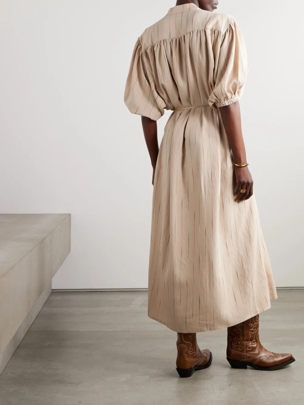 Back view of the Fortela Belted Appliquéd Embroidered Woven Midi Dress