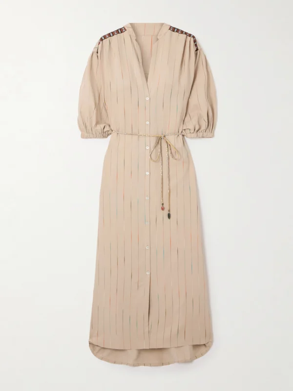 Fortela Belted Appliquéd Embroidered Woven Midi Dress
