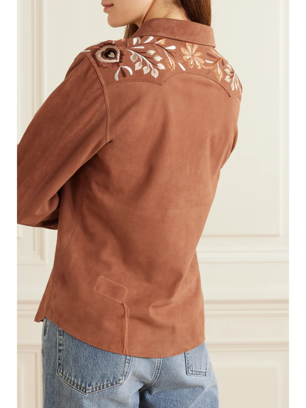 Back view of the Fortela Blondie Embroidered Leather-trimmed Suede Shirt