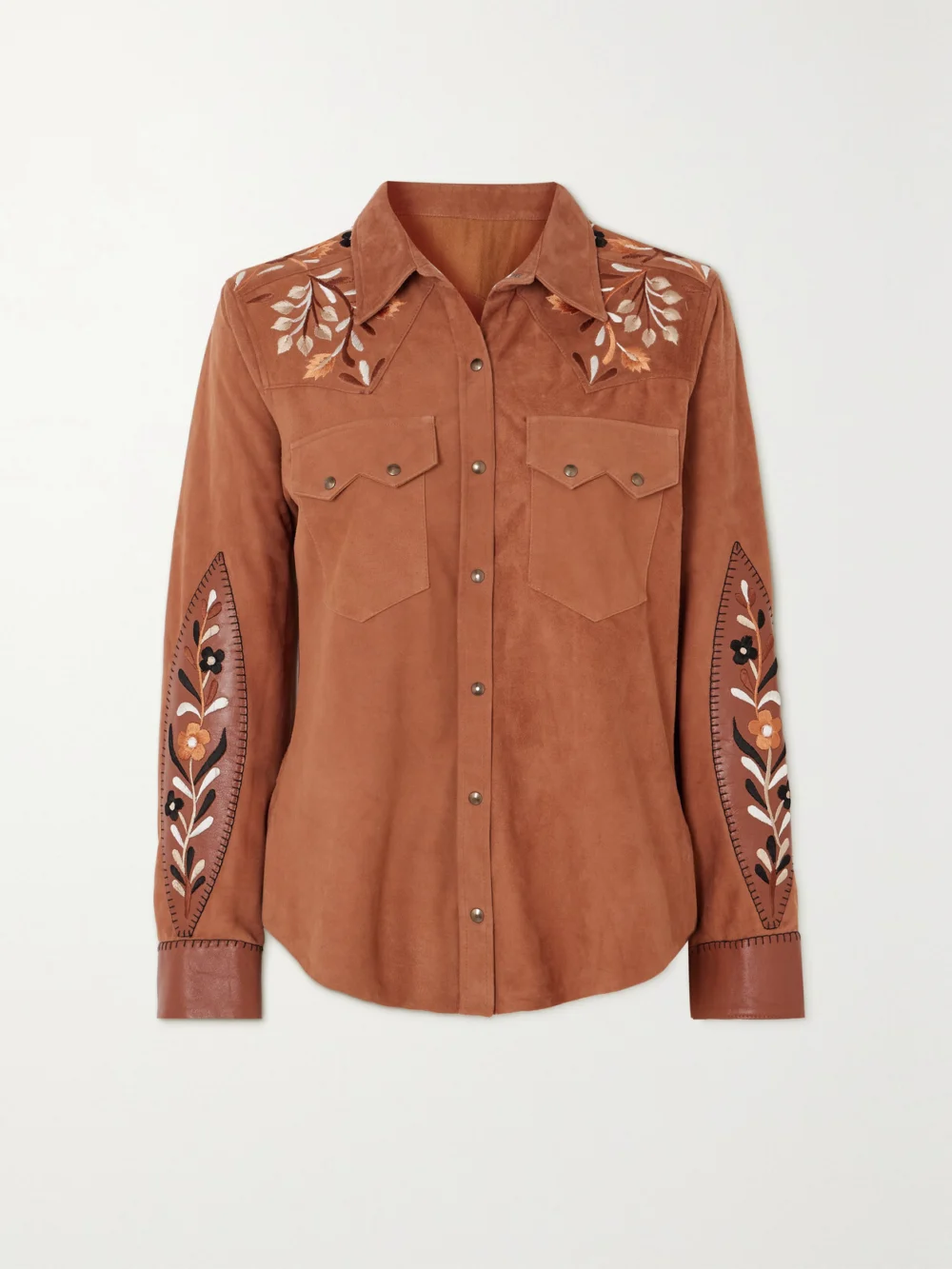 Fortela Blondie Embroidered Leather-trimmed Suede Shirt in camel